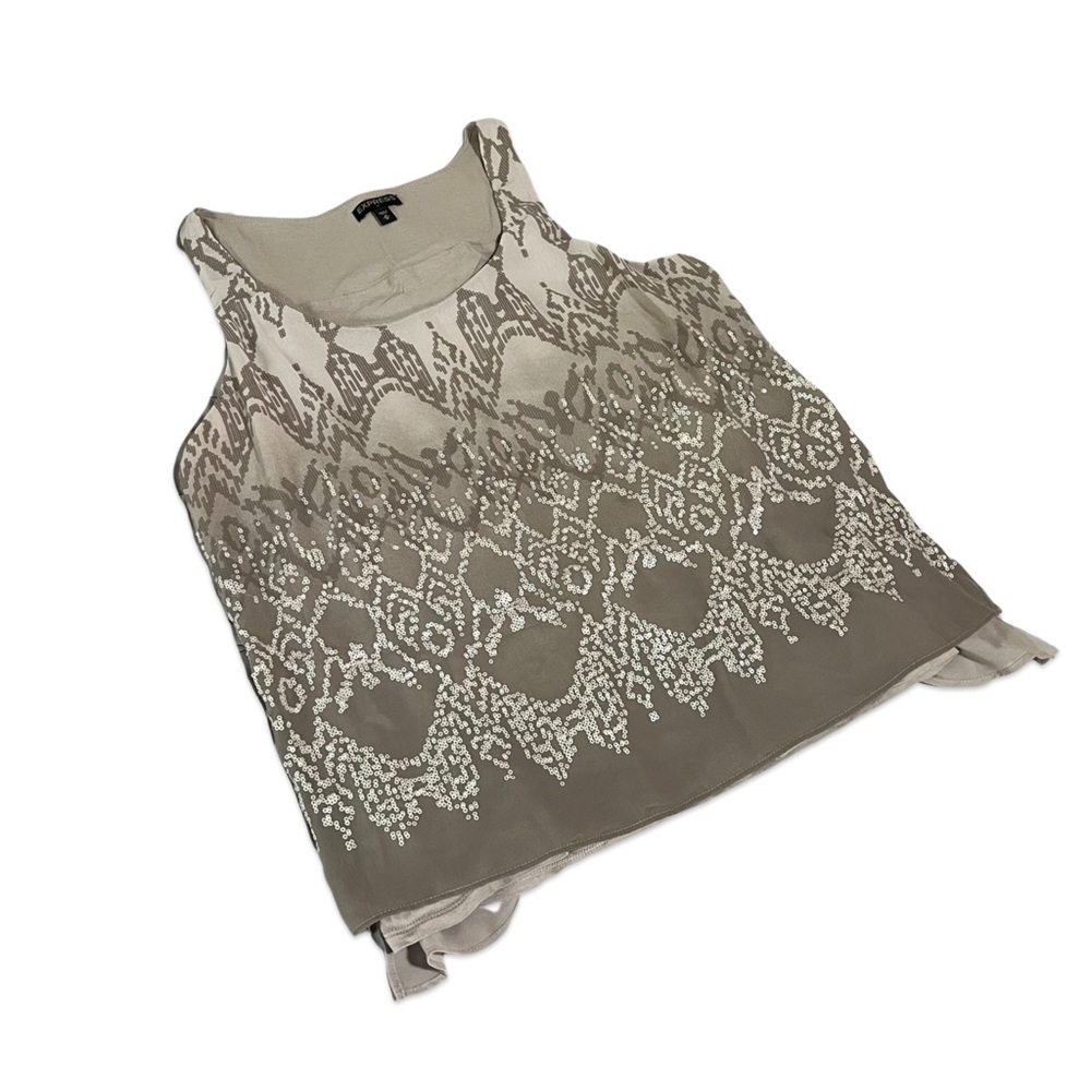 Express Sleeveless Sequin Top with Faux Open Back.